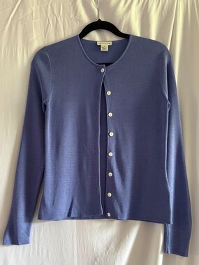 Vintage Ann Taylor Blue Button Front 100% Silk Crewneck Cardigan